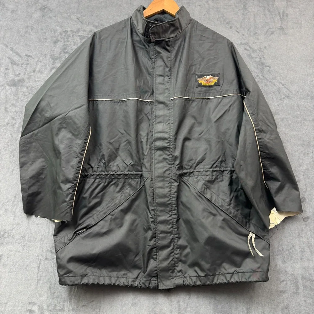 Harley-Davidson Vintage Riding Jacket Black XL Eagle Patch Distressed Cut Sleeve